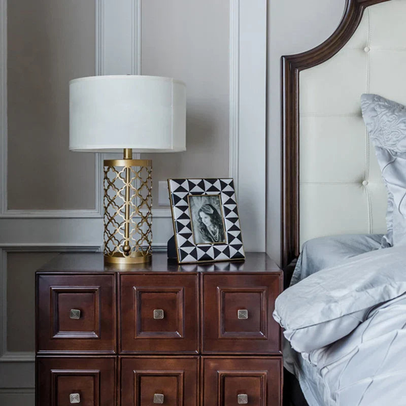 American Golden Wrought Iron Hollow Pattern Table Lamp - Luxury Bedside LED Desk Lighting