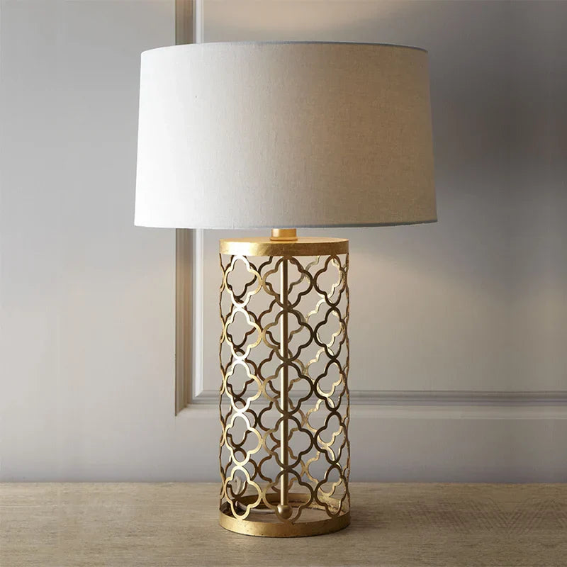 American Golden Wrought Iron Hollow Pattern Table Lamp - Luxury Bedside LED Desk Lighting