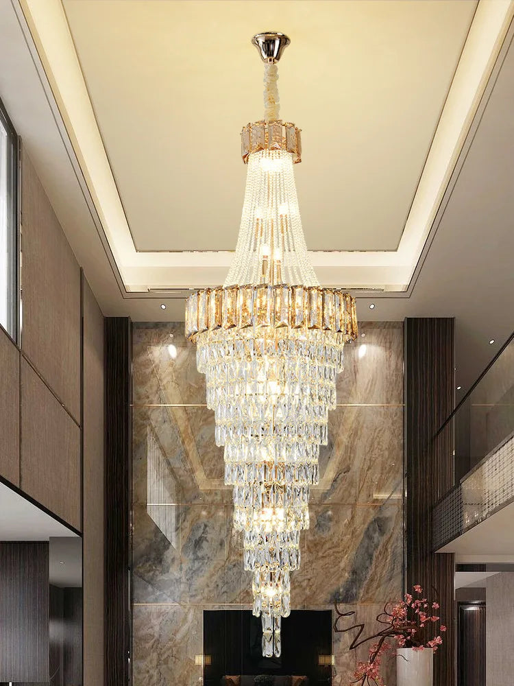 Large Modern Crystal Chandelier For Staircase Luxury Amber Smoky Gray Home Decor Hanging Light Fixture Long Hall Lobby Led  Lamp