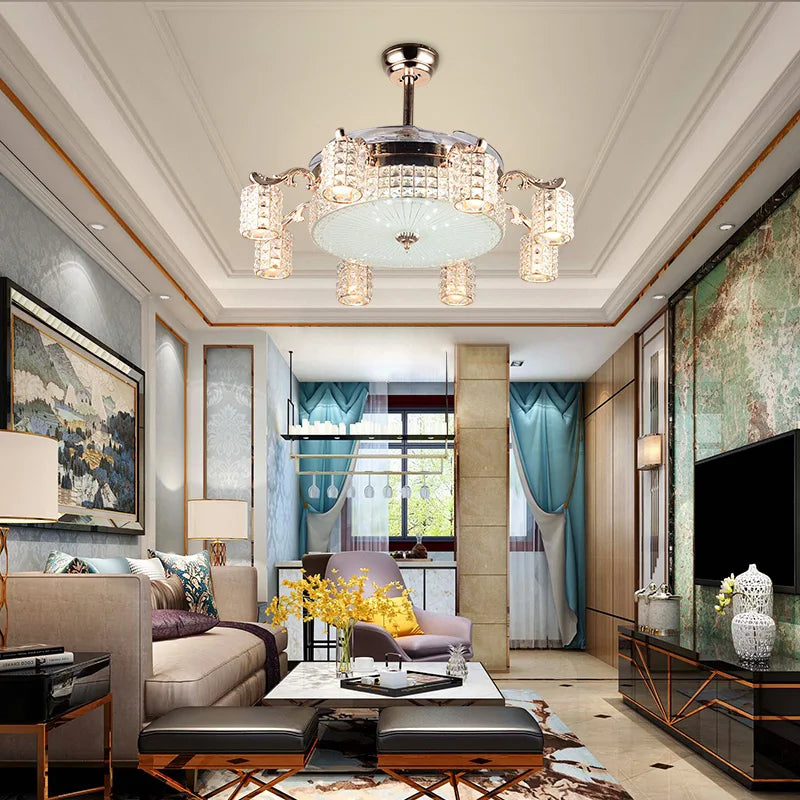 LED Crystal Gold Fan Lights Living Room Modern Fan With Remote Control Luxury Ceiling Fans 110V 260V Ceiling Fans Lighting