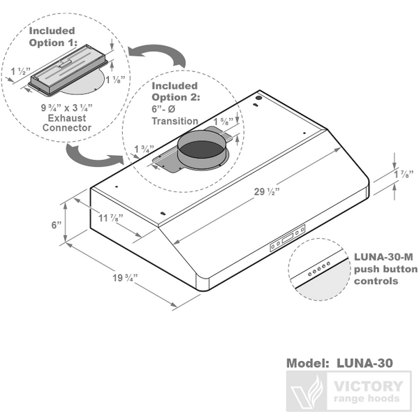30 Inch 600 CFM Under Cabinet Range Hood with Push Button Controls - VICTORY Luna