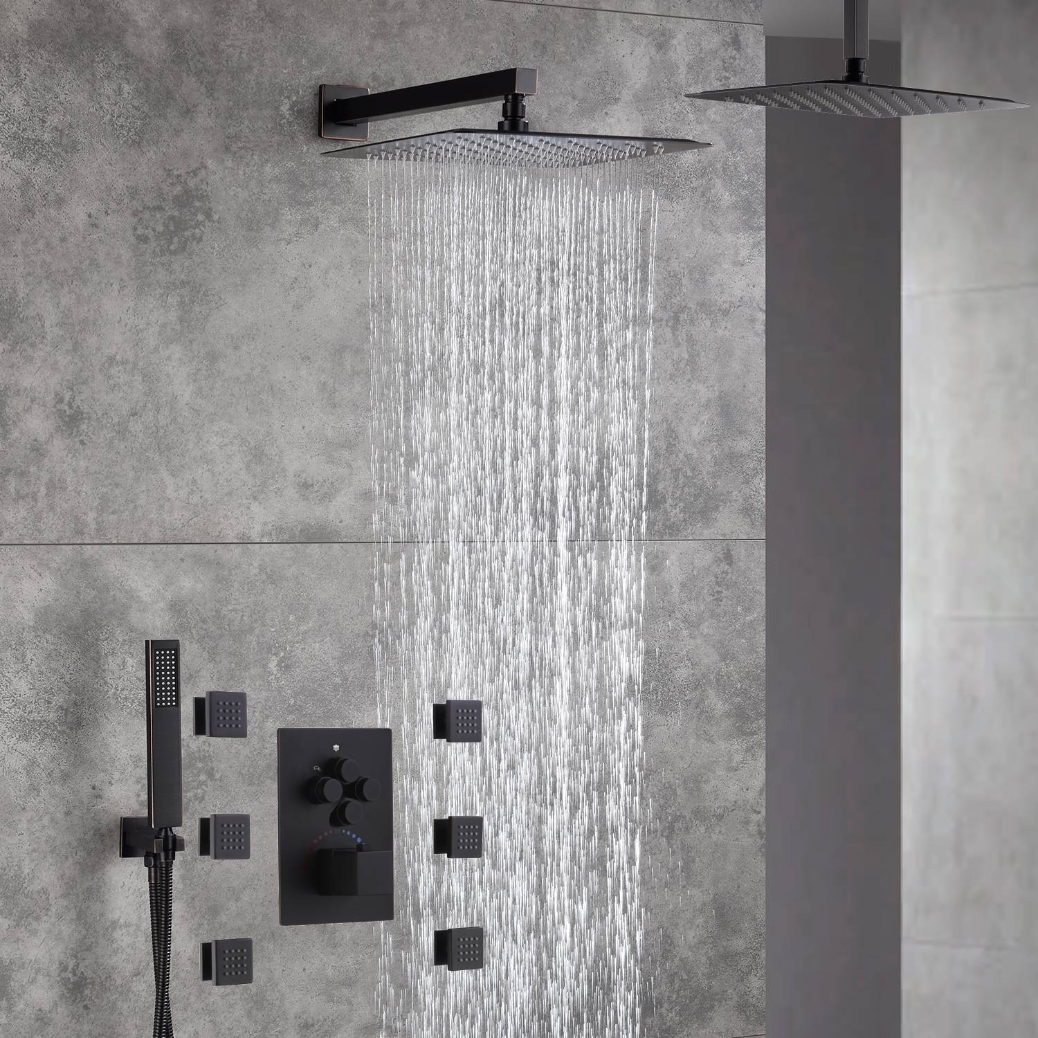 12-Inch Or 16 inch Non-LED Oil Rubbed Bronze (ORB) Ceiling-Mounted 4-Way Thermostatic Valve with Wall-Mounted 12-Inch Rain Head, Body Jets, and Dual Functionality