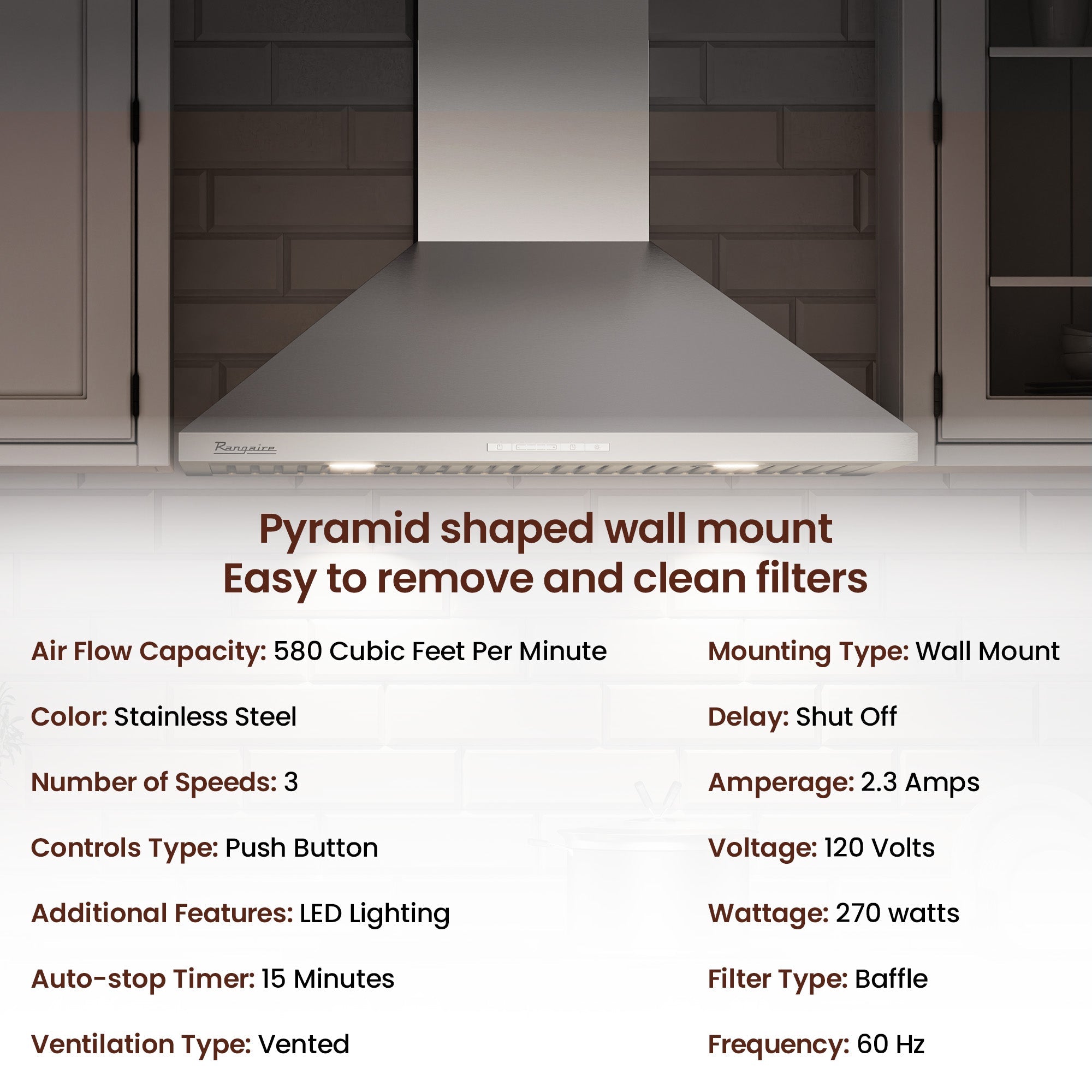 Rangaire 30" Wall-Mounted Range Hood 580 CFM Convertible  Stainless Steel  RHWMP30S