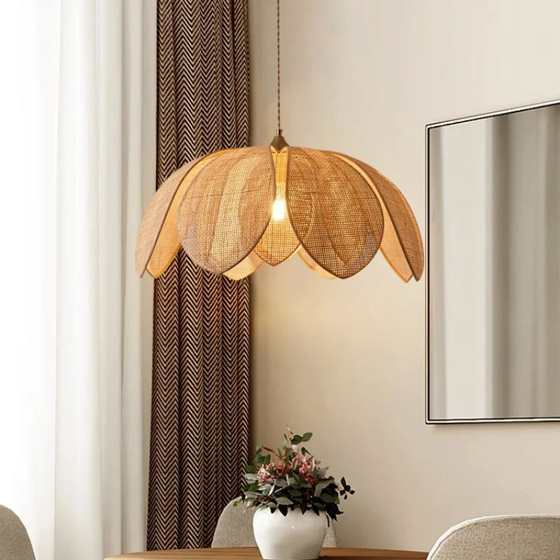 Japanese Style Handmade Woven Rattan Petal Chandelier - Unique Lighting for Dining, Bedroom, and Living Spaces