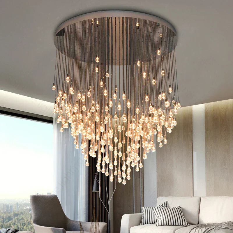 Exquisite Modern Long Staircase Chandelier - Large Gold LED Luxury Crystal Ball Fixture for Grand Living Spaces and Hotel Exhibitions
