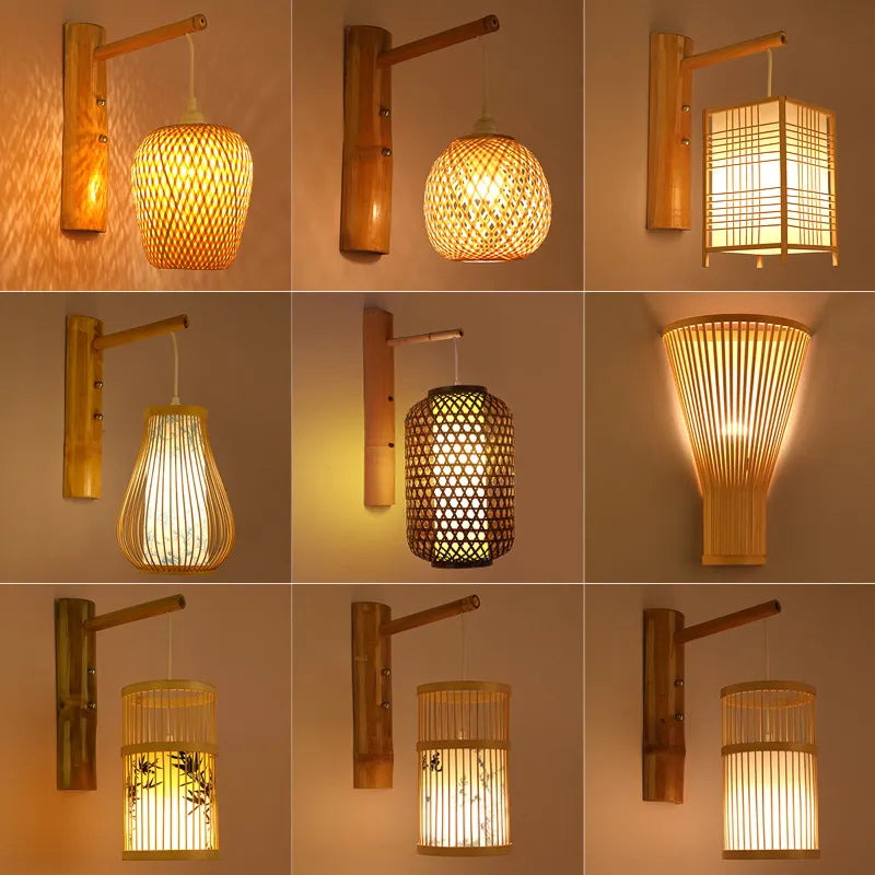 Handmade Bamboo Wood Lustre Wall Sconce Lamp - Rustic Elegance for Home Living and Bedroom Decor