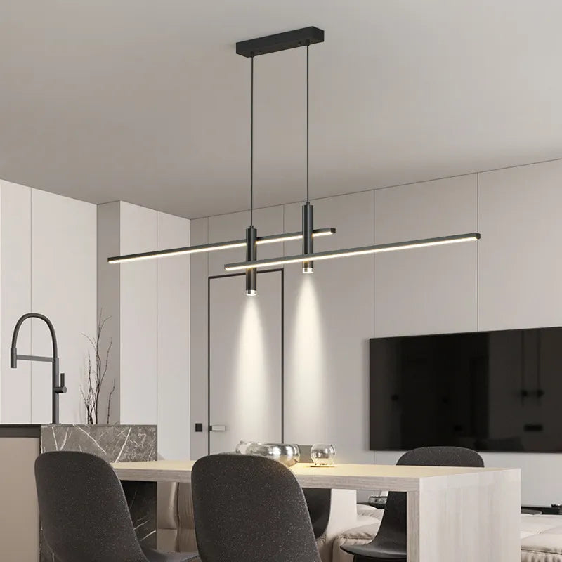 Sleek Black and Gold LED Chandelier - Minimalist Lighting for Kitchen and Dining Room Decor