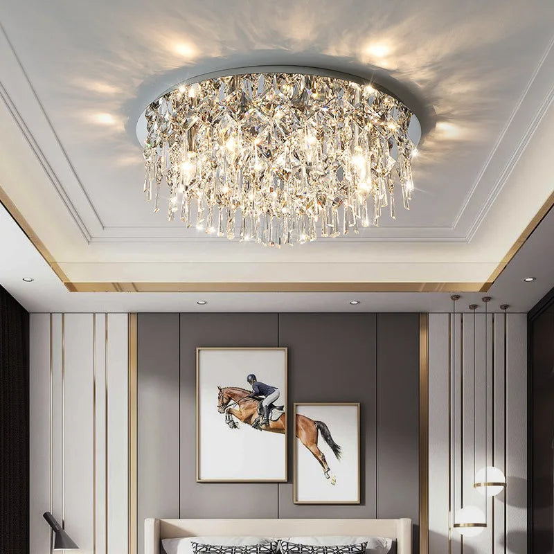 Luxury Modern K9 Crystals Ceiling Lamp - Chrome Steel LED Ceiling Light for Art Deco Bedroom Lighting