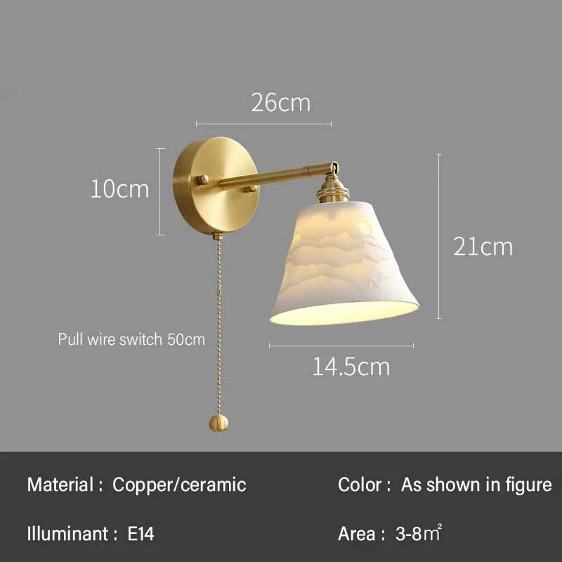 Rotary Brass Ceramic Wall Lamp with Pull Switch - Customizable LED Sconce for Bedroom and Interior Lighting