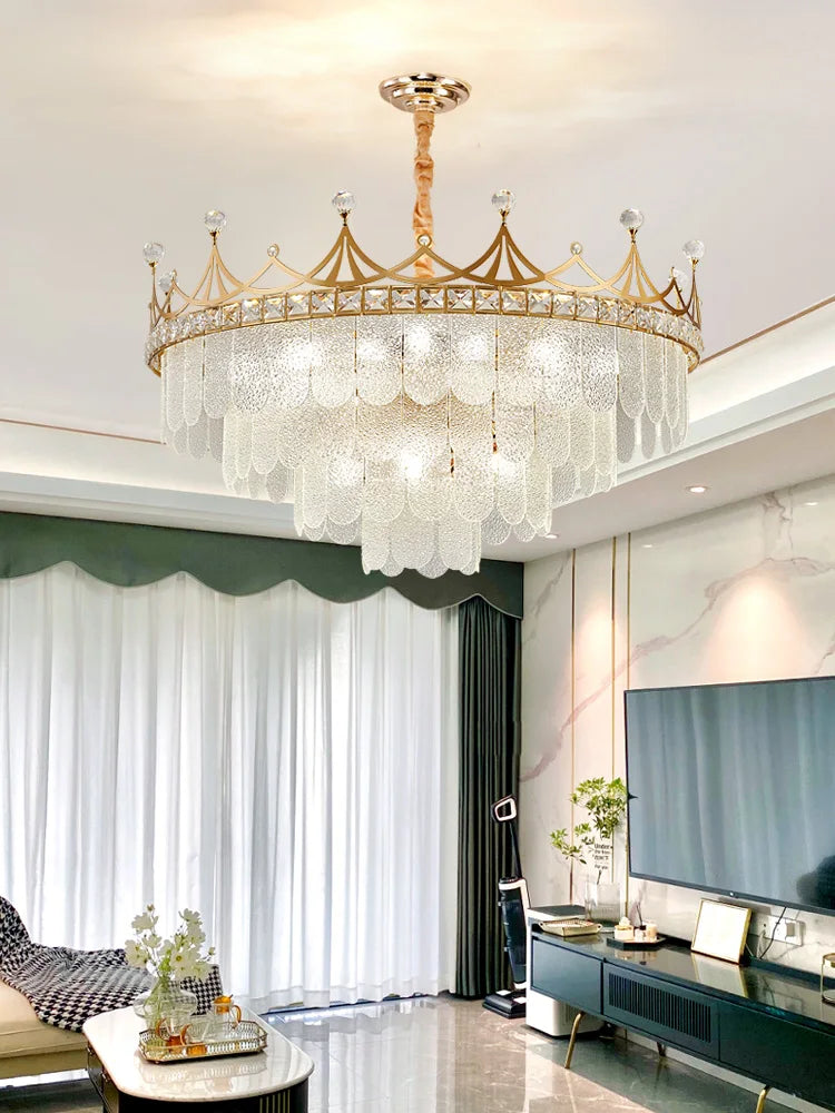 Elegant Modern Minimalist Crown K9 Crystal Chandelier - A Round Golden Fixture for Living Rooms and Bedrooms