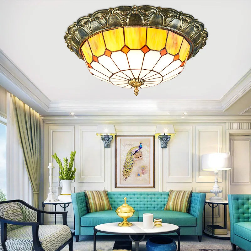 European-Style Tiffany Circular Ceiling Lamp - Retro Elegance for Living Rooms, Bedrooms, Corridors, and Balconies