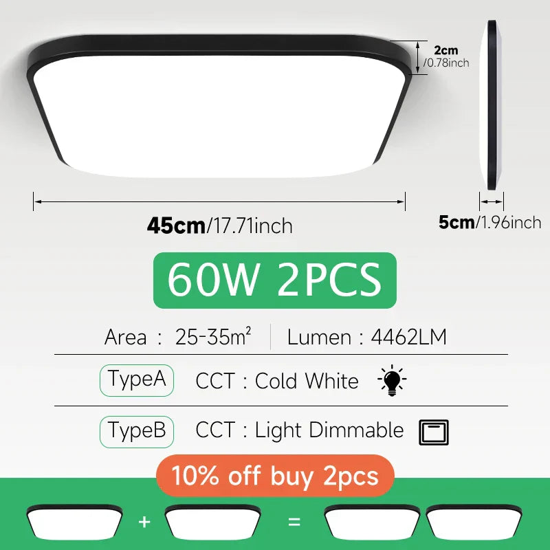 Large Modern Ceiling Lamp - 17.8-inch LED Panel Square Ceiling Light for Living Room, Bedroom, Kitchen, and Home - Powerful 60W Fixture