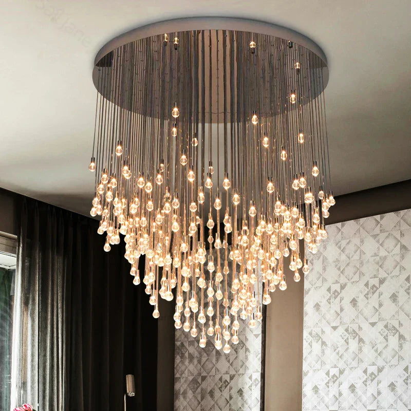 Exquisite Modern Long Staircase Chandelier - Large Gold LED Luxury Crystal Ball Fixture for Grand Living Spaces and Hotel Exhibitions