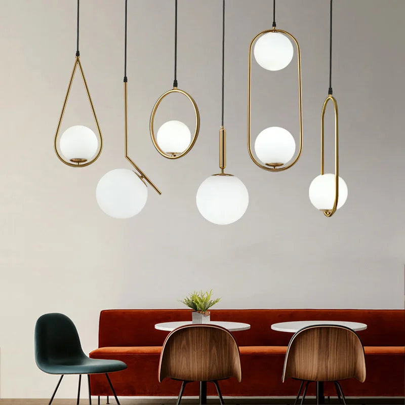 Modern Glass Ball Pendant Light Fixture - Elegant Luminaire Hanging Lamp with Gold Ring for Bedrooms, Living Rooms, Shops, and Restaurants
