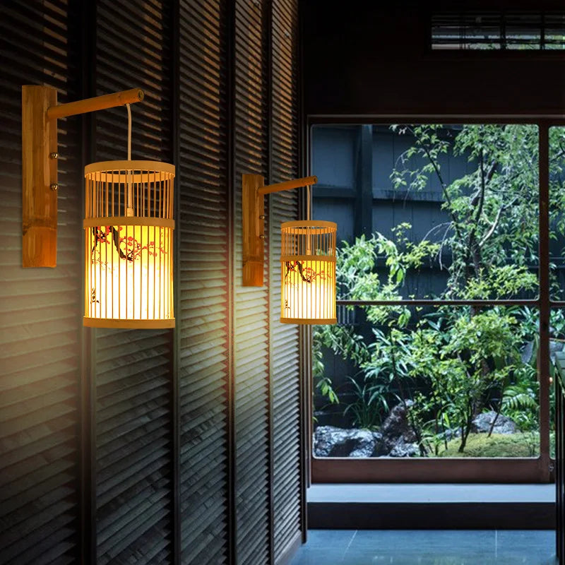Handmade Bamboo Wood Lustre Wall Sconce Lamp - Rustic Elegance for Home Living and Bedroom Decor