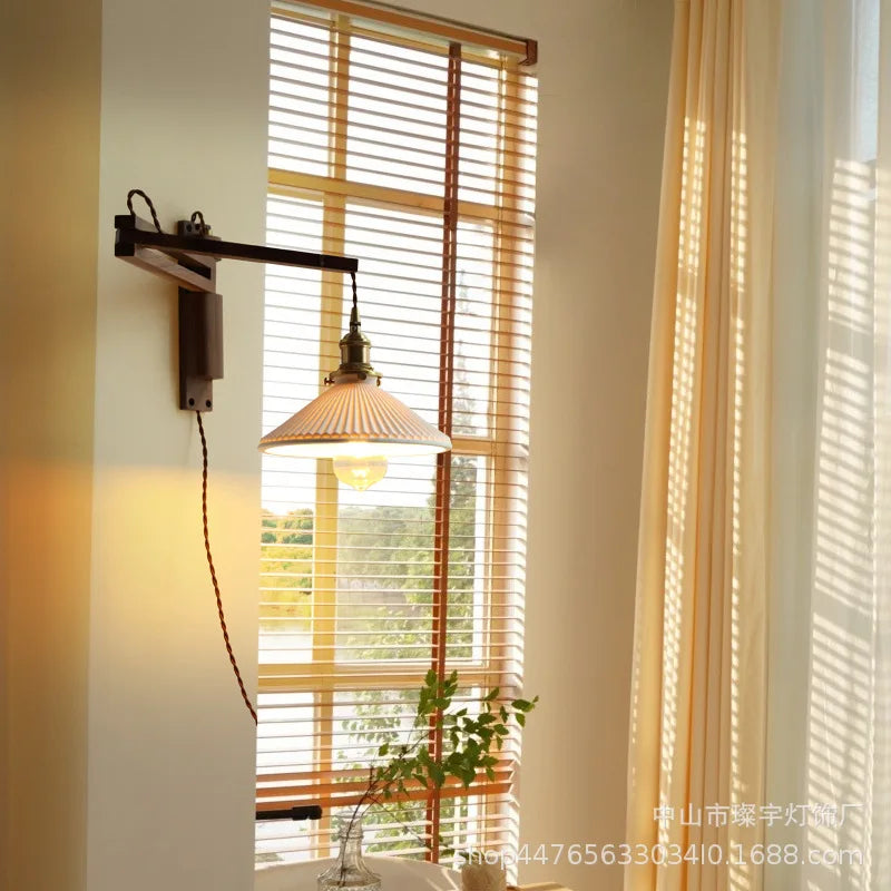 Japanese Vintage Walnut Wall Lamp with Ceramic Shade - Elegant Telescopic Lighting for Bedrooms, Corridors, and More
