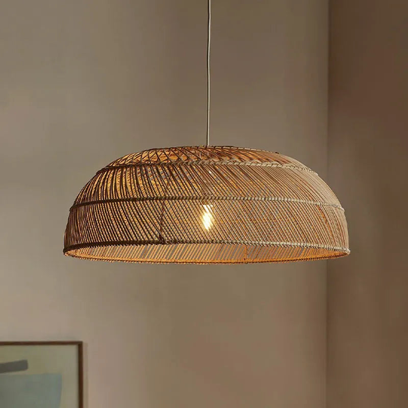 Chinoiserie Flat Rattan Pendant Light - Modern Handmade Creative Pattern Lamp for Living Rooms, Bedrooms, and Dining Room Table Chandeliers