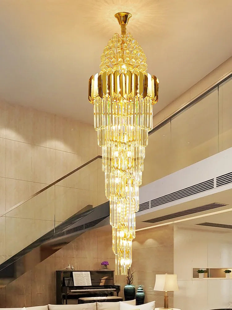 Luxurious Interior Hall Stairwell Golden Chandelier - Modern Elegance with Clean Crystal Ball Accents and LED Lighting