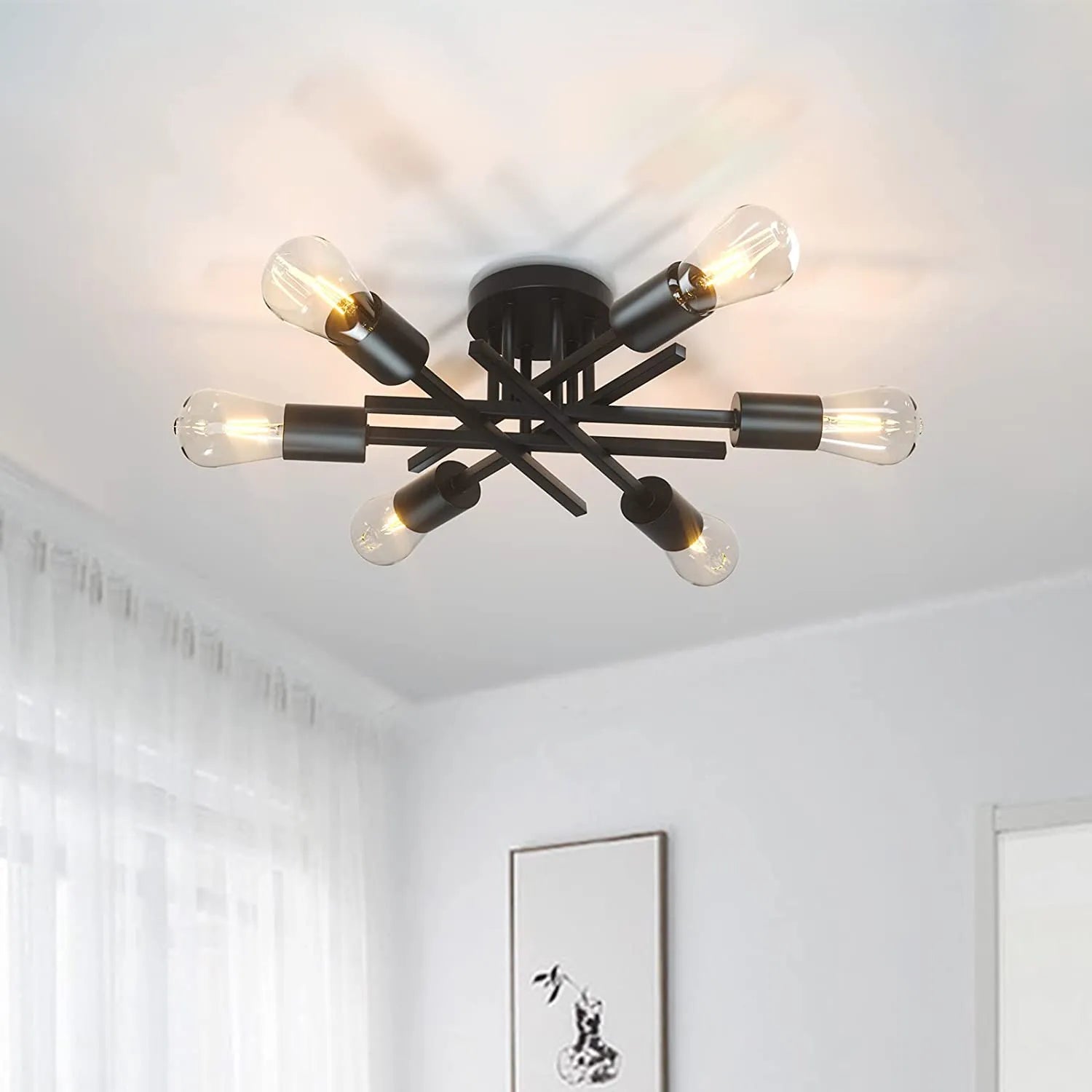 Sputnik Semi Flush Mount Chandelier - Contemporary Mid-Century Black Ceiling Light Fixture