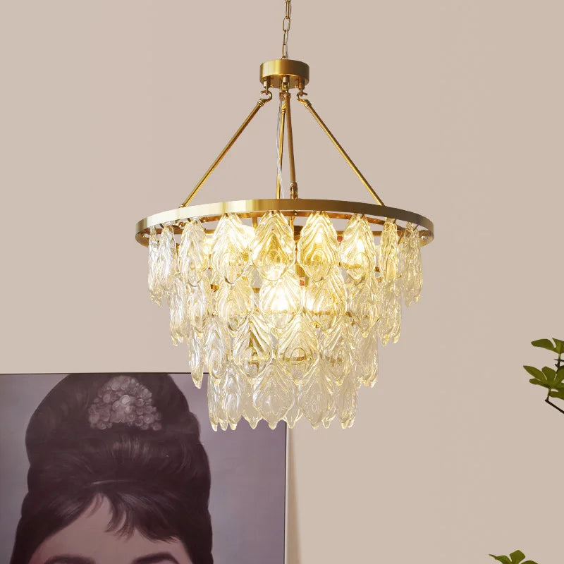Elegant Round Water Drop Golden Chandelier - A Postmodern Light Luxury Fixture for Living Rooms, Bedrooms, and Dining Spaces