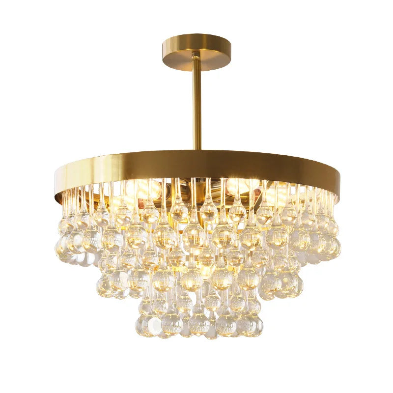 Elegant Round Water Drop Golden Chandelier - A Postmodern Light Luxury Fixture for Living Rooms, Bedrooms, and Dining Spaces