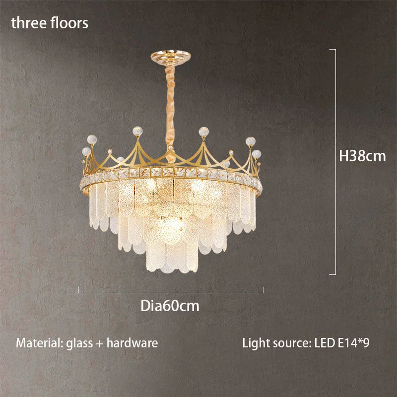 Elegant Modern Minimalist Crown K9 Crystal Chandelier - A Round Golden Fixture for Living Rooms and Bedrooms
