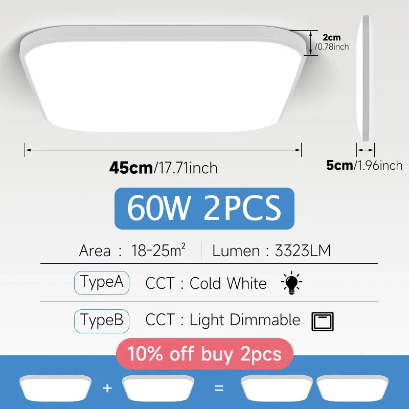 Large Modern Ceiling Lamp - 17.8-inch LED Panel Square Ceiling Light for Living Room, Bedroom, Kitchen, and Home - Powerful 60W Fixture