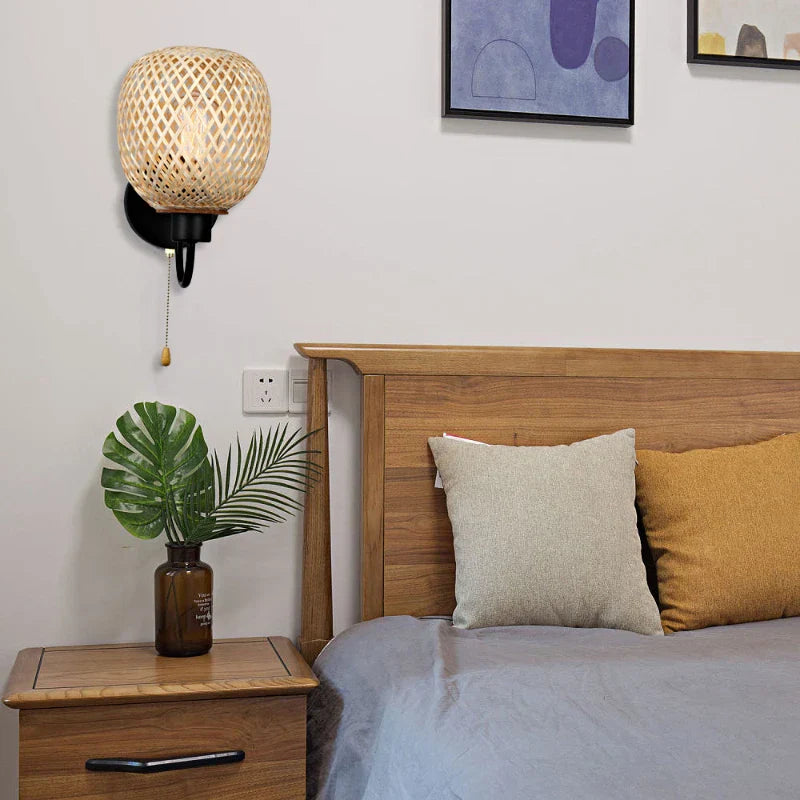 Vintage Rattan Bamboo Wall Sconce - Retro Lighting for Dining, Bedroom, and More