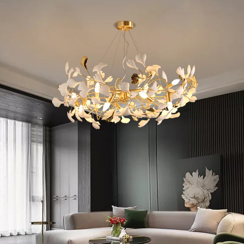 Elegant Nordic Apricot Leaf Chandelier - Wrought Iron Petals Indoor LED Lighting for Living, Dining, and Bedroom Spaces