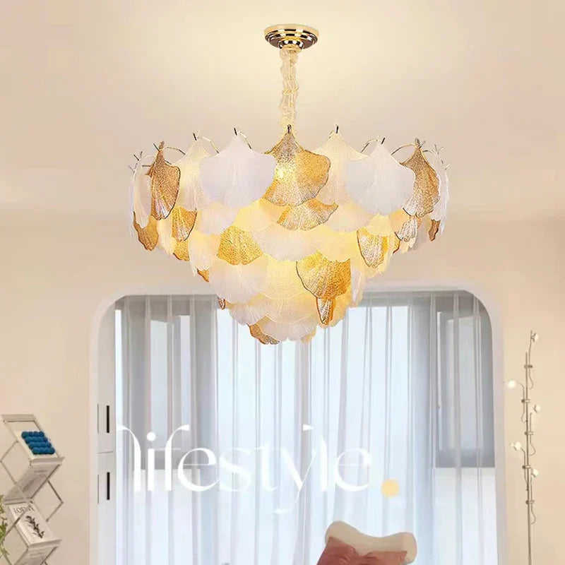 Modern LED Ginkgo Leaves Ceiling Chandelier - Elegant French Glass Lustre Decor Light