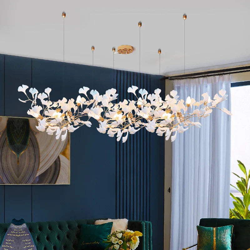 New gold chandelier white ceramic leaf lamp indoor home living room decorative lamp French luxury staircase ceiling lamp