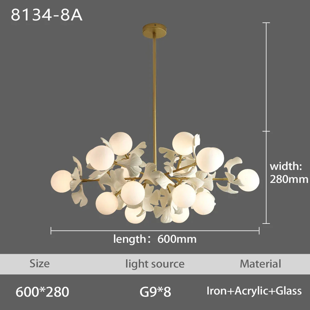 Nordic LED Chandelier - Ginkgo Leaf Design with Acrylic White Leaves for Living Rooms and Bedrooms, Round Glass Ball Light Fixture