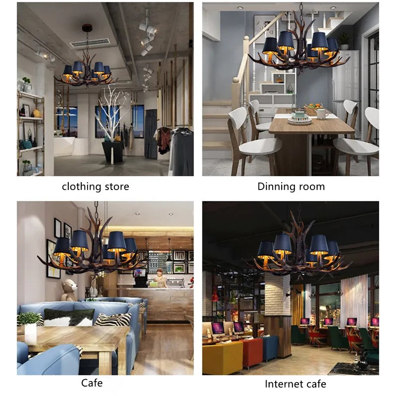 American Industrial Antler Chandelier with Vintage Black Lampshade - Perfect for Dining Rooms, Villas, and Living Spaces