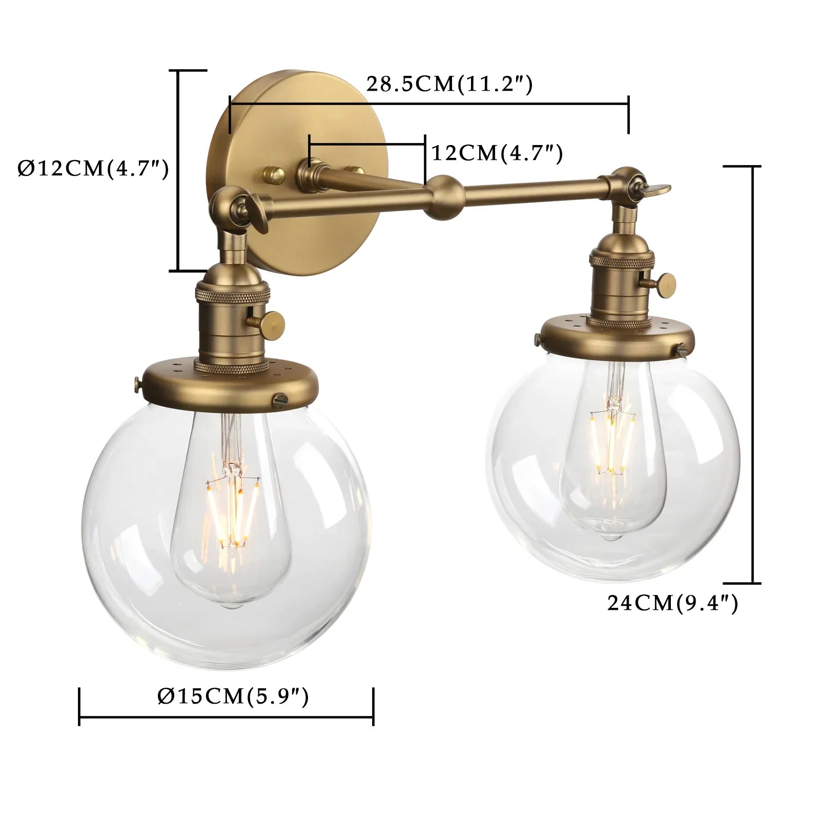 Phansthy Vintage 2 Light Wall Sconce - Industrial Wall Light with Dual 5.9 Inches Globe Glass Lampshades