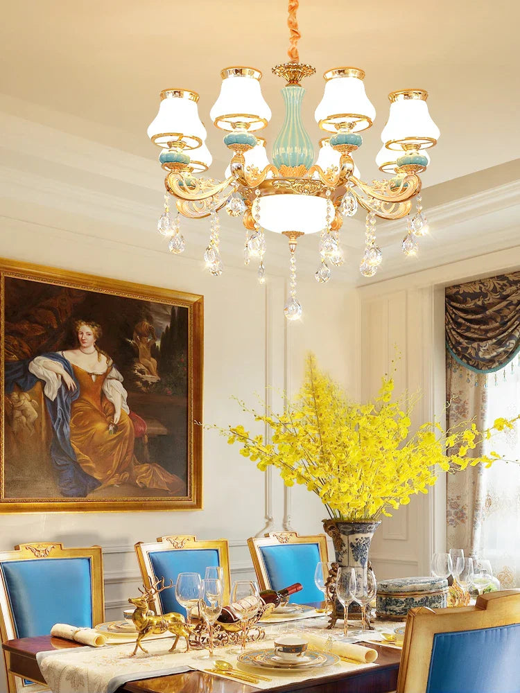 Elegant Blue Ceramic European Crystal Chandelier - Perfect for Living Rooms, Dining Rooms, and Bedrooms