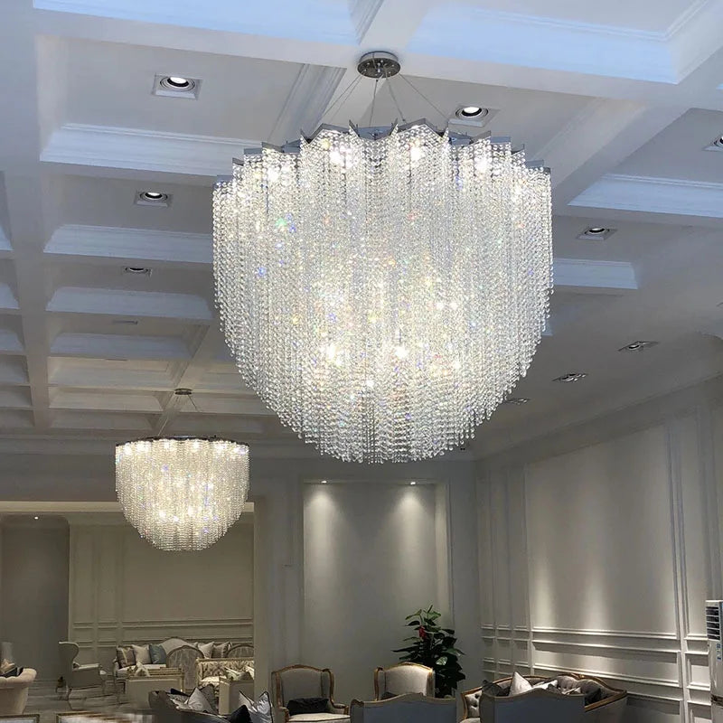 Modern Crystal Chandelier - Luxury Staircase Illumination with Chrome Accents and LED Elegance