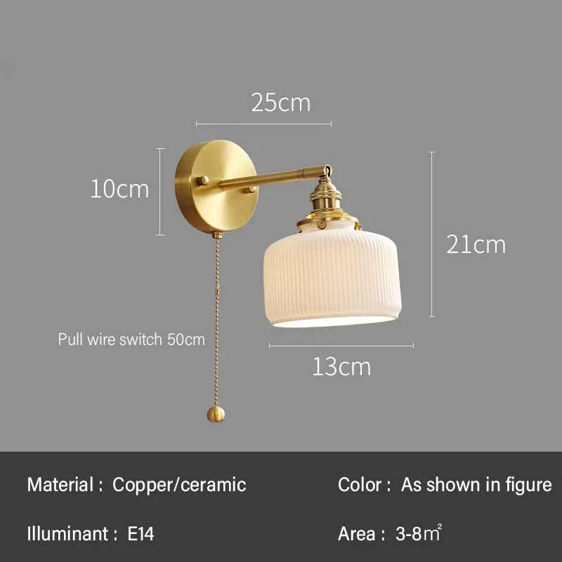 Rotary Brass Ceramic Wall Lamp with Pull Switch - Customizable LED Sconce for Bedroom and Interior Lighting