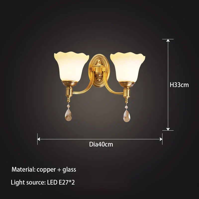 Sophia - European-style Glass Wall Lamp Warm Living Room TV Background Wall Bedroom Bedside Double Head All Copper Simple Wall Lamp