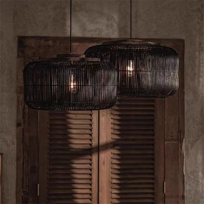 Wabi-Sabi Vintage Rattan Pendant Light - Hand-Woven Japanese Style Elegance for Dining Room Decor