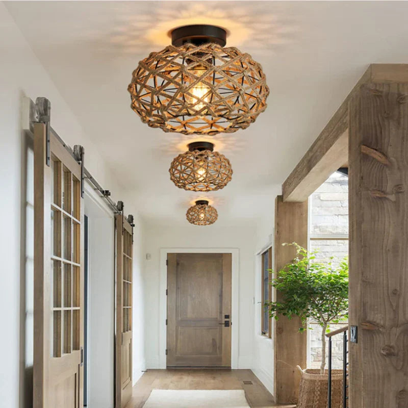 Boho Hemp Rope Cage Semi Flush Mount Ceiling Light - Rustic Elegance for Bedrooms and Beyond