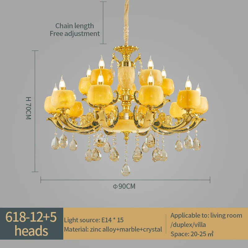 European Style Jade Crystal Chandelier - Luxury Lighting with Natural Marble Accents for Dining Rooms, Bedrooms, and Living Spaces