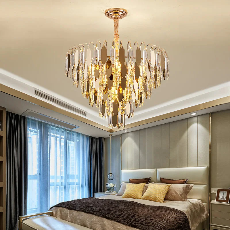 Modern LED Luxury Triangular Multi-Level Crystal Chandelier - Elegant Illumination for Living Rooms, Bedrooms, and Dining Spaces