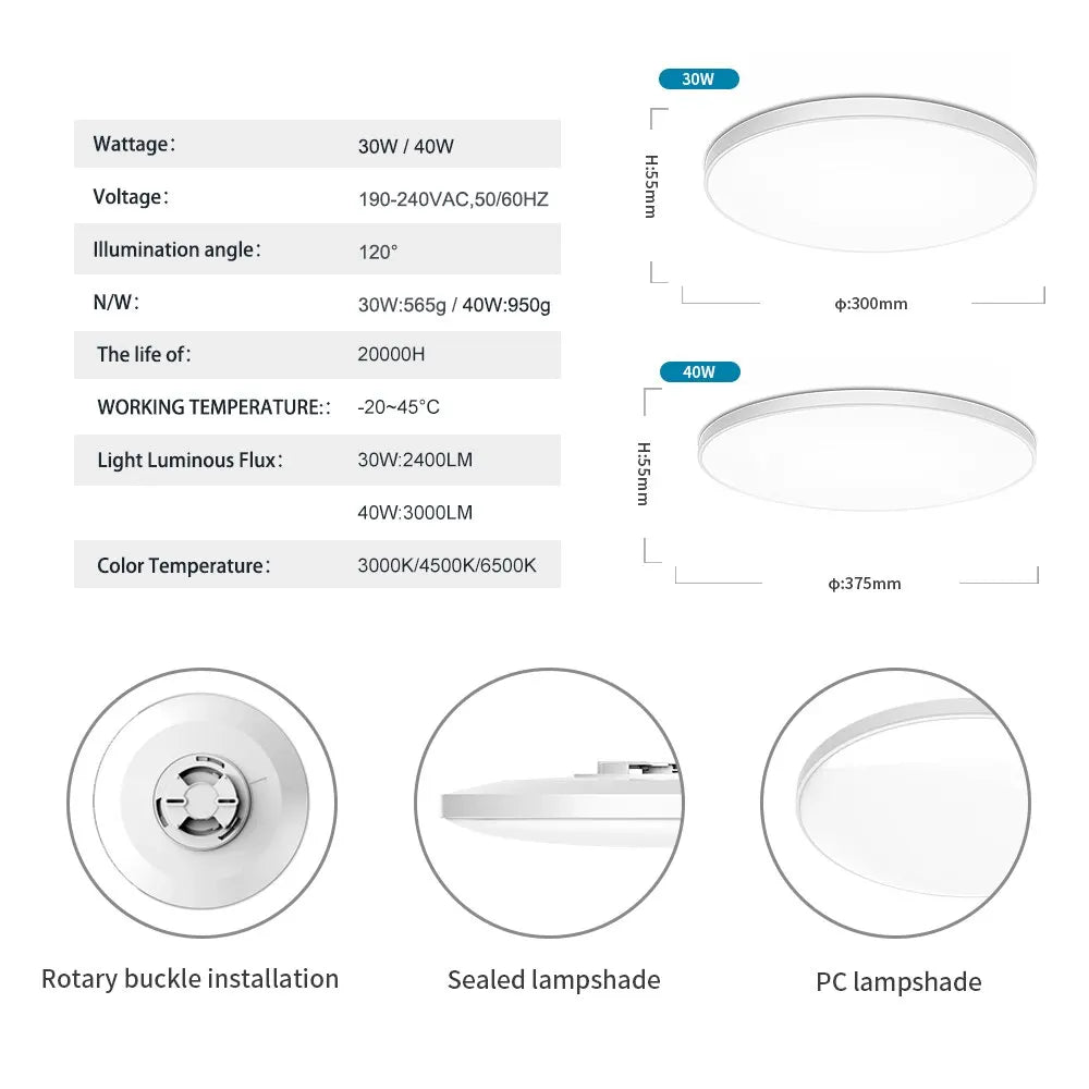 High-Brightness 40W Embedded 15 Inch Ceiling Light - Mosquito-Proof, Switchable CCT - Ideal for Bedrooms and Corridors