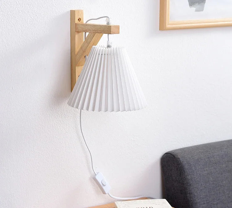 Nordic Pleated Solid Wood Wall Lamp with Plug - Simple and Stylish Lighting for Bedroom, Bedside, and Study