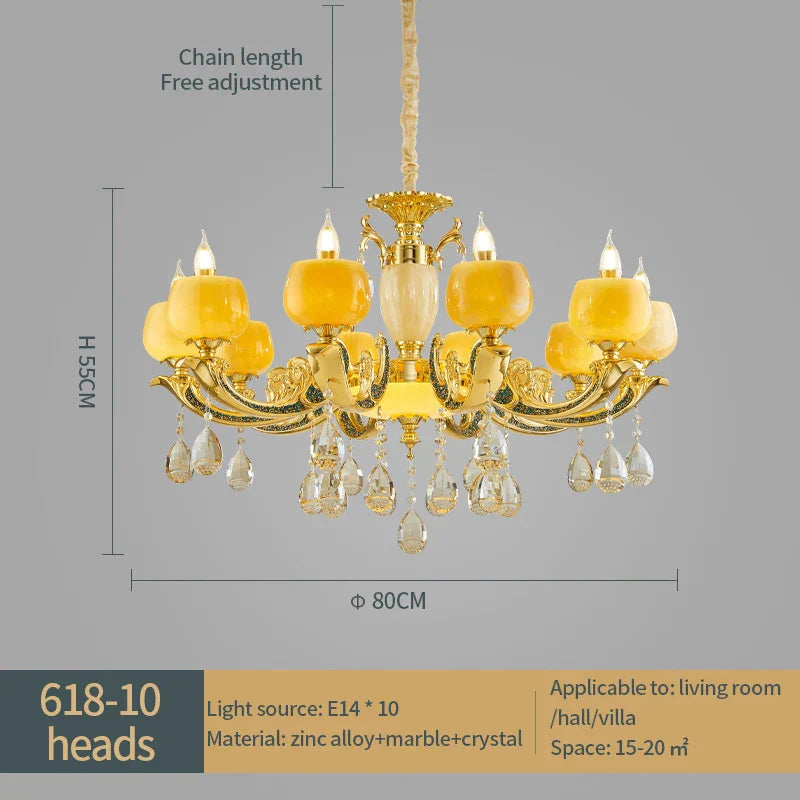 European Style Jade Crystal Chandelier - Luxury Lighting with Natural Marble Accents for Dining Rooms, Bedrooms, and Living Spaces
