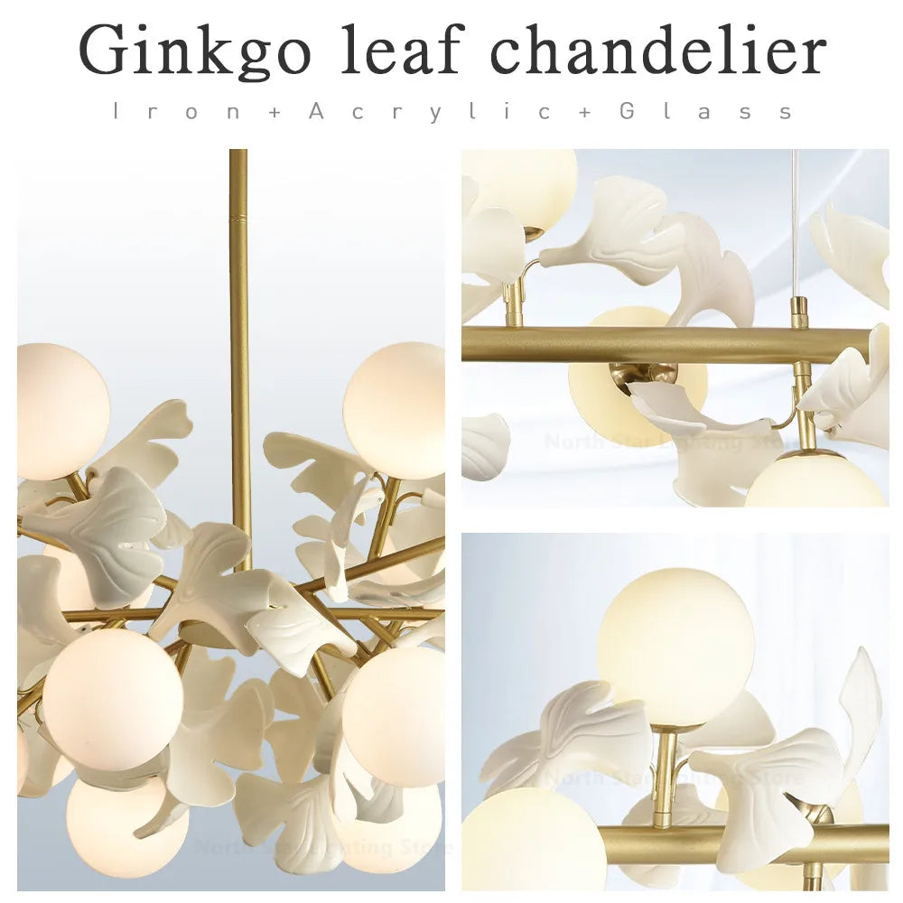 Nordic LED Chandelier - Ginkgo Leaf Design with Acrylic White Leaves for Living Rooms and Bedrooms, Round Glass Ball Light Fixture