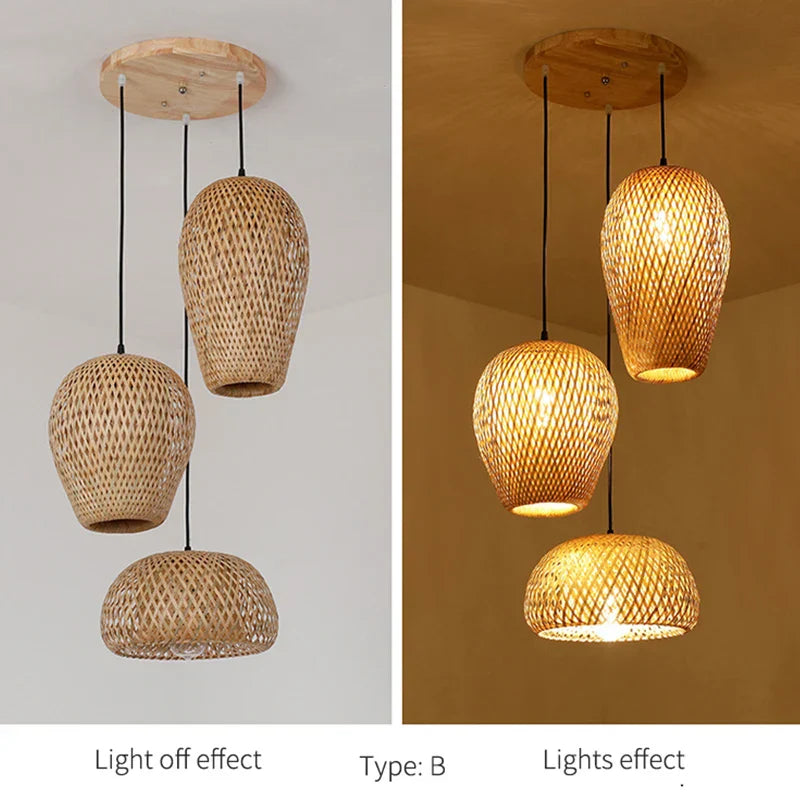 Set of 3 Modern Hand-Knitted Bamboo Rattan Pendant Lights - Weaving Elegance for Your Home