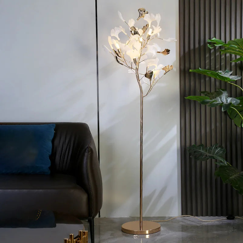 Modern Ginkgo Leaf Light Luxury Floor Lamp - Warm LED Lighting for Bedrooms and Living Rooms with Decorative Gold Feather Design