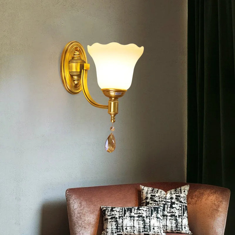 Sophia - European-style Glass Wall Lamp Warm Living Room TV Background Wall Bedroom Bedside Double Head All Copper Simple Wall Lamp