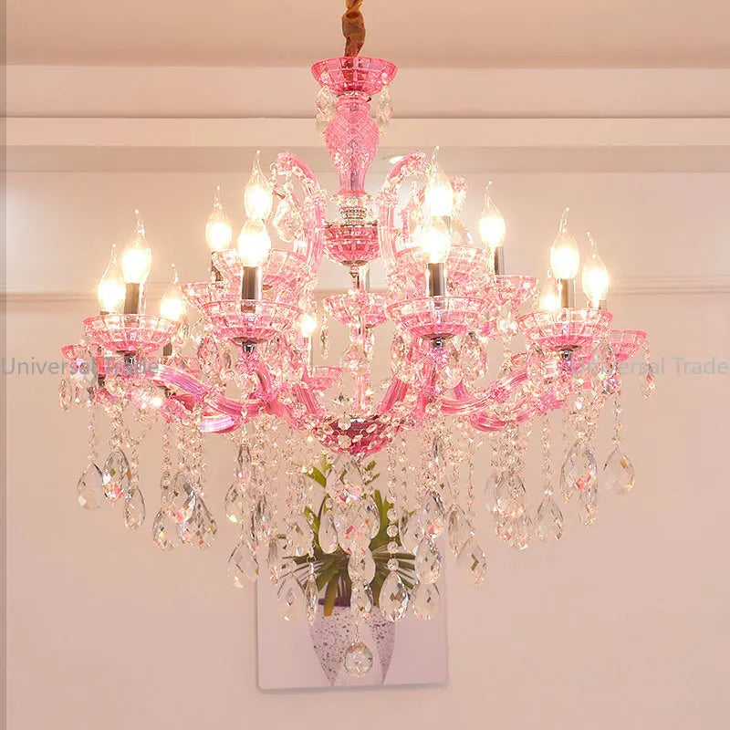 European Princess Crystal Chandelier - Choose from Warm Pink, Blue, Purple, or Red for Creative Room Decor